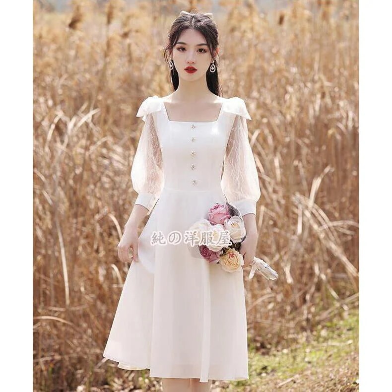 パーティードレス 七分袖レースワンピース 膝丈ドレス 普段着 結婚式 花嫁メイド服 七分袖 ウエディングドレス 可愛い イブニングドレス 二次会 結婚式 お呼ばれ30%までに制限