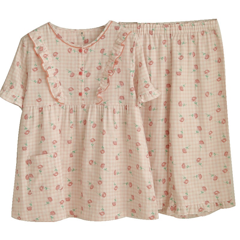 パジャマ 韓国 夏 ルームウェア 上下セット 半袖 大きいサイズ 綿100 二重ダブルガーゼ薄手