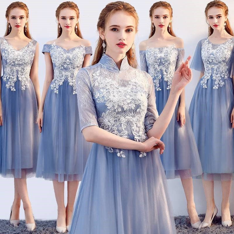 ウェディングドレス ミモレ丈ドレス ブライズメイド 介添え パーティードレス 袖あり カラードレス