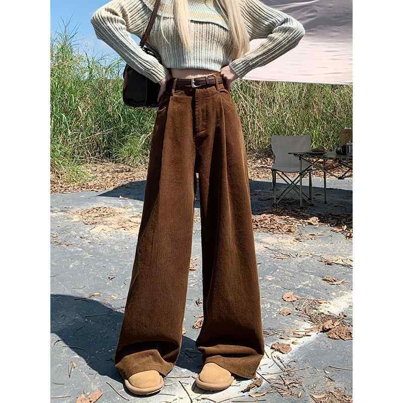 パンツ 秋 冬 カジュアル 女性 コーデュロイ シンプル スリム ハイウエスト ワイド レッグ ドレープ