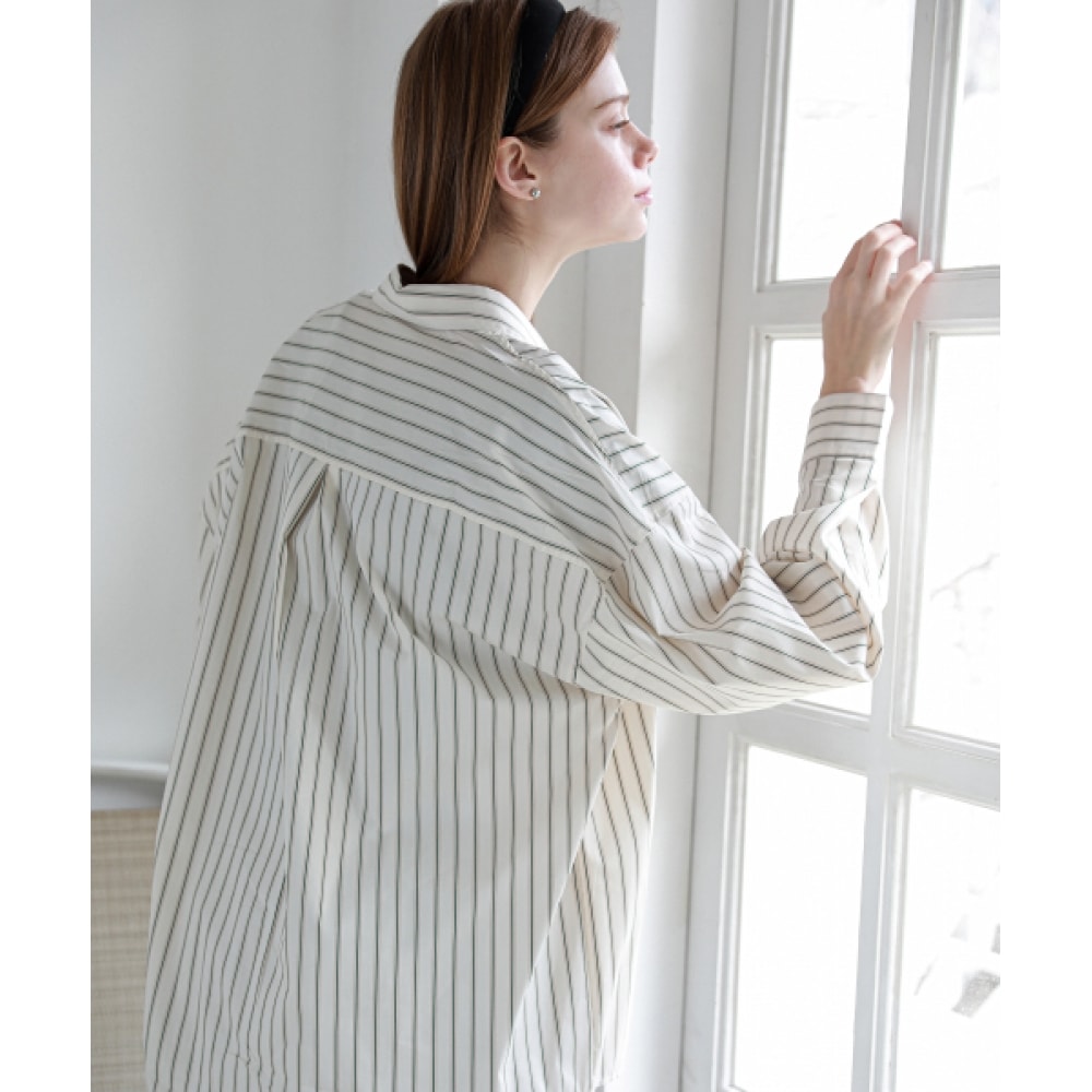 LOSSYROW ワイドハリーストライプシャツライトベージュ