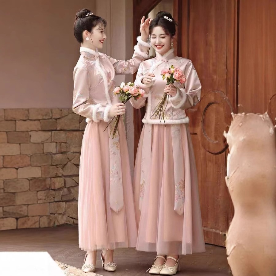 花嫁介添人スーツ2025冬とベルベットの濃厚な長袖暖かいサイズの姉妹スーツブライドメイドグループドレス