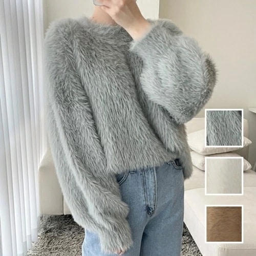 ニット セーター 韓国 ファッション レディース 秋 冬 カジュアル コーデ シンプル 定番 セレカジ 20代 30代 40代 2025 オーバーサイズ シャギー エコファー もこもこ