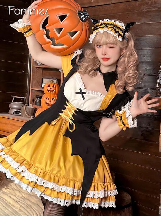 ハロウィン コスプレ 仮装 大人 ハロウィン元素 メイド服 ハロウィンワンピース オレンジ カボチャドレス 悪魔 魔女 妖精 コスチューム コスプレ衣装 3点セット
