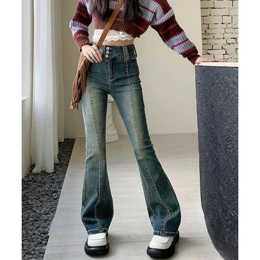 人気沸騰 大人気レディースパンツ レトロ セミフレアデニムパンツレディース