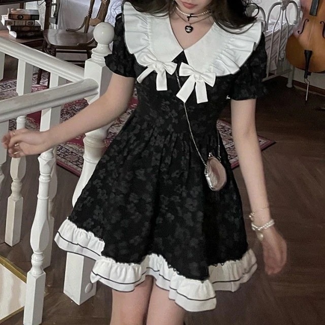 【3日で出荷】ゴスロリ フレアワンピース ひざ丈 ゴシックロリータ コスプレ衣装 病みかわ 量産型系