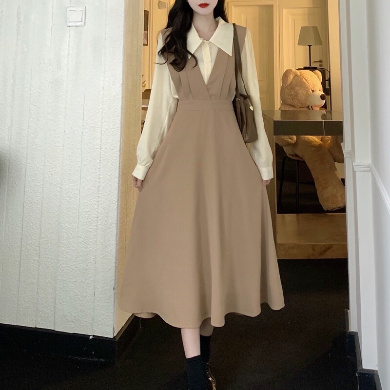 ワンピース ロング丈 袖あり 長袖 Vネック 襟あり フレア ハイウエスト ウエストマーク 2XL 3XL 4XL 大きいサイズブ ラウン ブラック 個性的 レトロ 春 秋 冬 デート レディース 7,637円