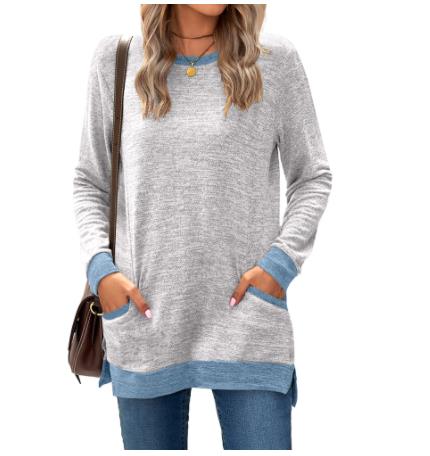 ラウンド - ネックカラーポケットロング - スリーブプルオーバートップジャケットルーズカジュアルTシャツ