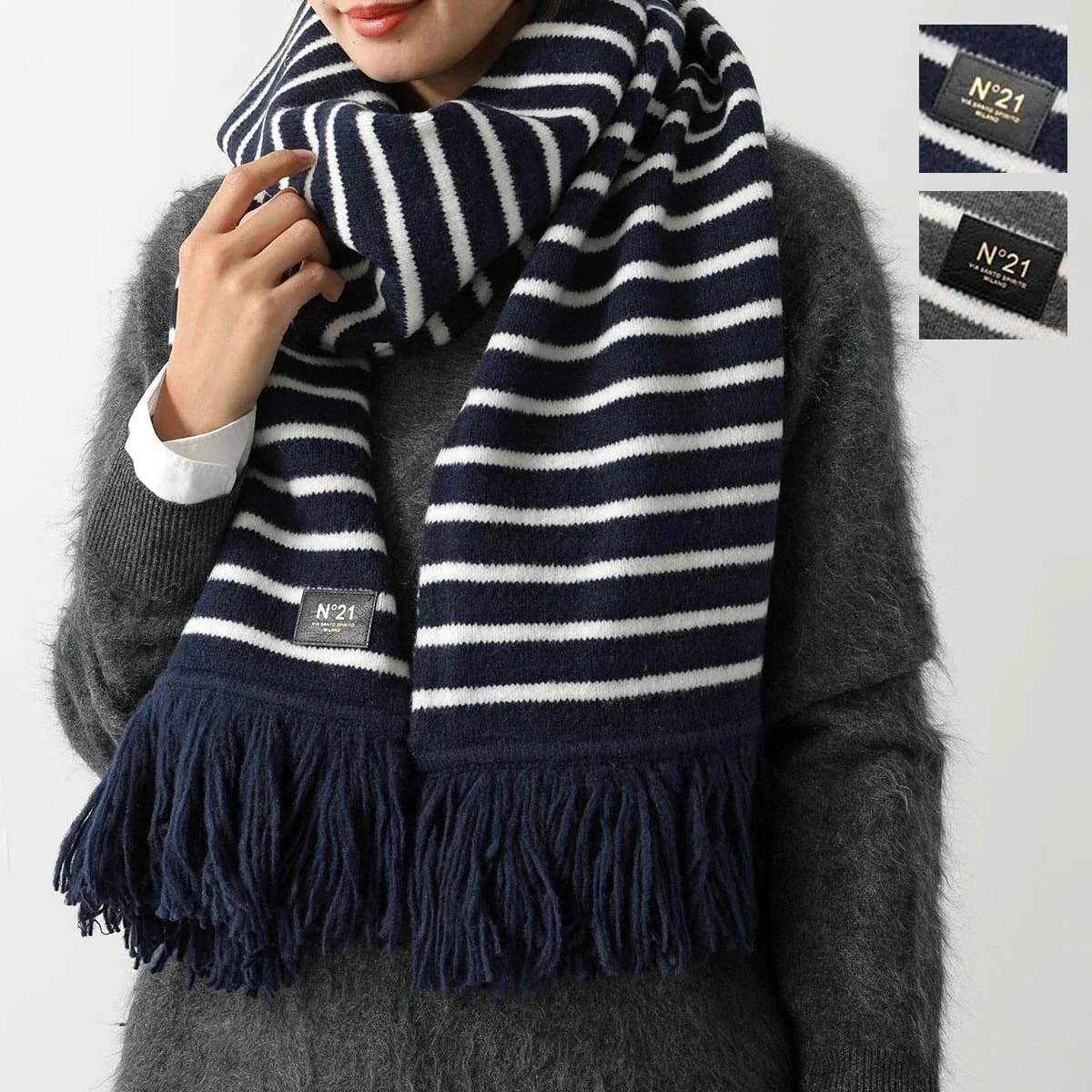 N21 ヌメロヴェントゥーノ マフラー 3000 9008 レディース ボーダー ロゴパッチ フリンジ ウールブレンド カラー2色