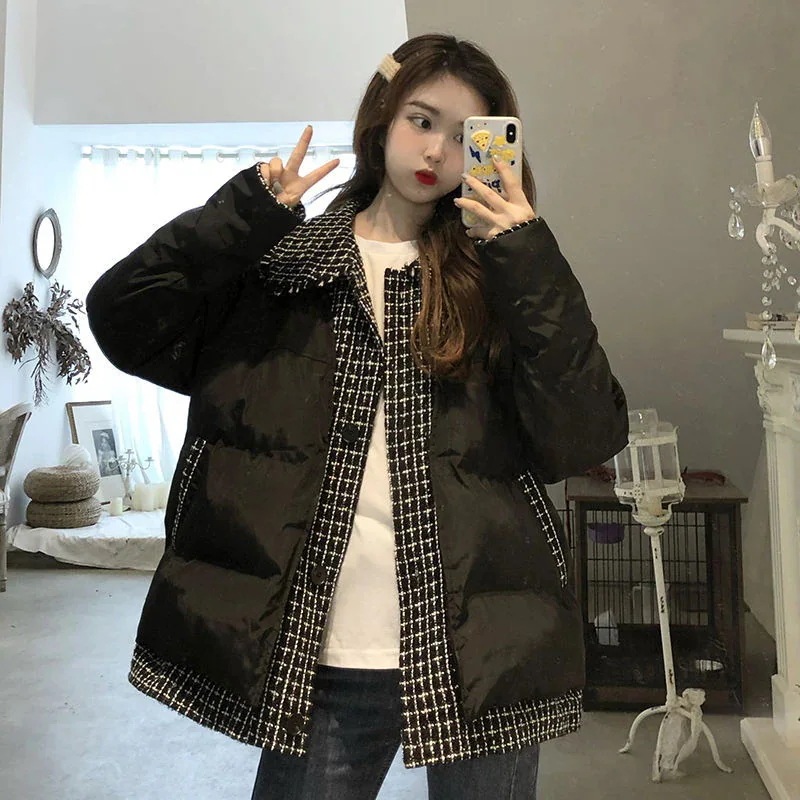 品大人気レディースダウンコート中綿ジャケットオーバーコート綿入れ黒外套防寒服チェック柄冬女の子アウター