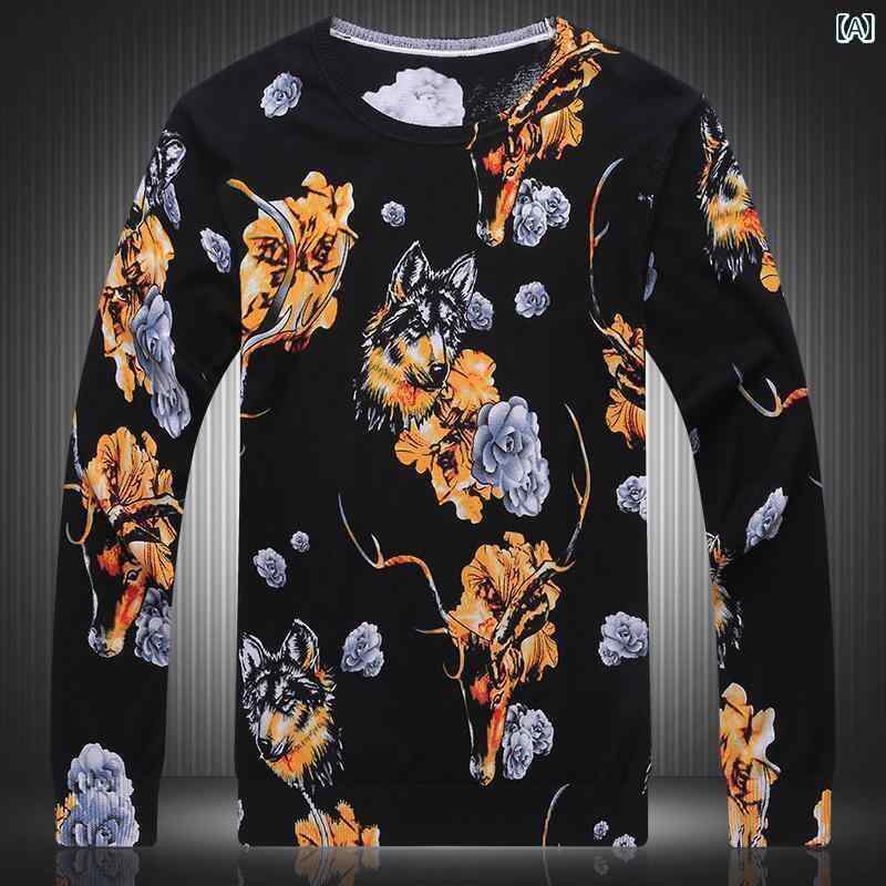 メンズ トップスス おしゃれ 秋 ファンシー ニット セーター おもしろ おしゃれ 鹿 オオカミ ヘッド 柄 プリント セーター 薄手 涼しい