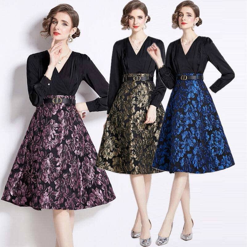 【新作】M～3L3色パーティー ドレス 膝丈 フレアワンピ ワンピース ワンピ パーティードレス パーティーワンピ 結婚式 二次会 大きいサイズクラシカル系 レトロ感 大人優雅 ツヤ感 ジャガ