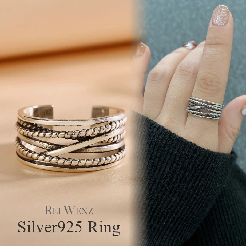 【高品質Silver925】【フリーサイズ】 シルバー リング 指輪 レディース レイヤード Silver925 太 幅広 デザインリング おしゃれ 幅太 プレゼント