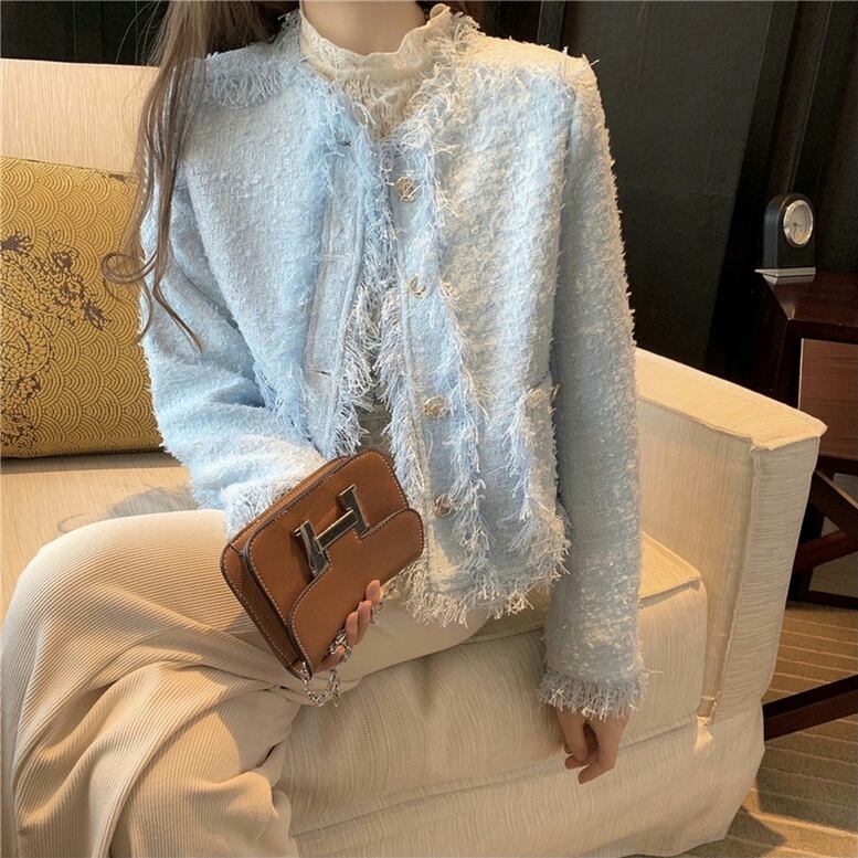 2color レディース ツイードジャケット フリンジ ノーカラー ブルゾン クルーネック