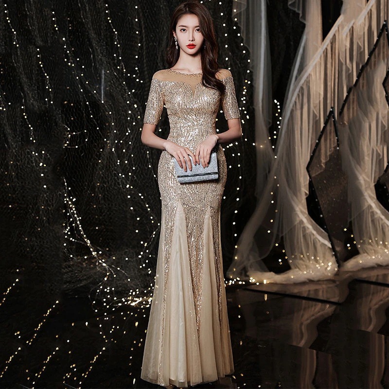 テールドレス2025スパンコール気質パーティードレスホストディナードレス