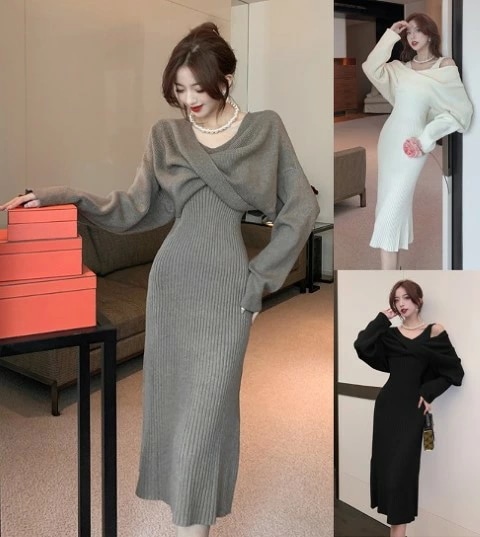 ニットワンピース 厚手 2点セット フリル スリム 着痩せ 無地 大きいサイズ レディース 秋冬 結婚式 きれいめ タイト フォーマル 大人 上品 チュニック one-piece