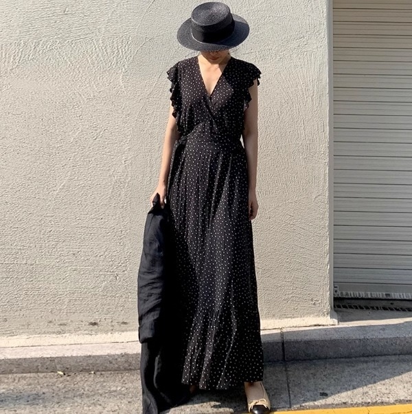 ワンピース ロング丈 フレンチスリーブ Vネック デザイン 美ライン ニュアンス ラップ スタイルアップ ロマンチック レトロ かわいい 大人可愛い きれいめ シンプル カジュアル 大人 上品