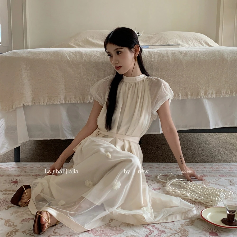 立体花パーティードレス ワンピース イブニングドレス オケージョンドレス 体型カバー 半袖 きれいめ ハイネック 韓国 かわいい エレガント 春 夏 秋 日常 上品 ベルトつき