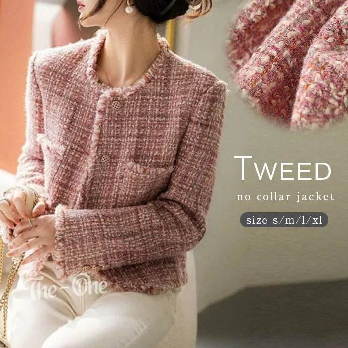 期間限定オファー ノーカラージャケット レディース 春 長袖 ツイード ジャケット ノーカラー トップス ショート丈 アウター ライトコート 羽織 ママスーツ 秋 冬 春ノーカラージャケット レディー