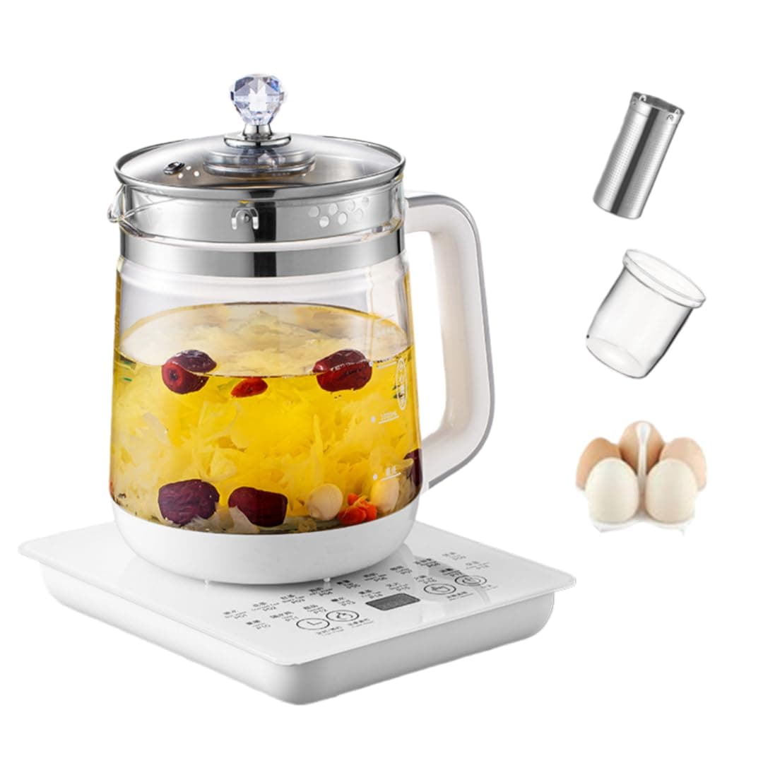 養生ポット 1.8L 大容量 電気ケトル 温度調節 24時間予約 保温 耐熱ガラス 急須 空焚き防止 静音 ホワイト (シングルプレイ + 茶こし + シチュー鍋 + 蒸し器)