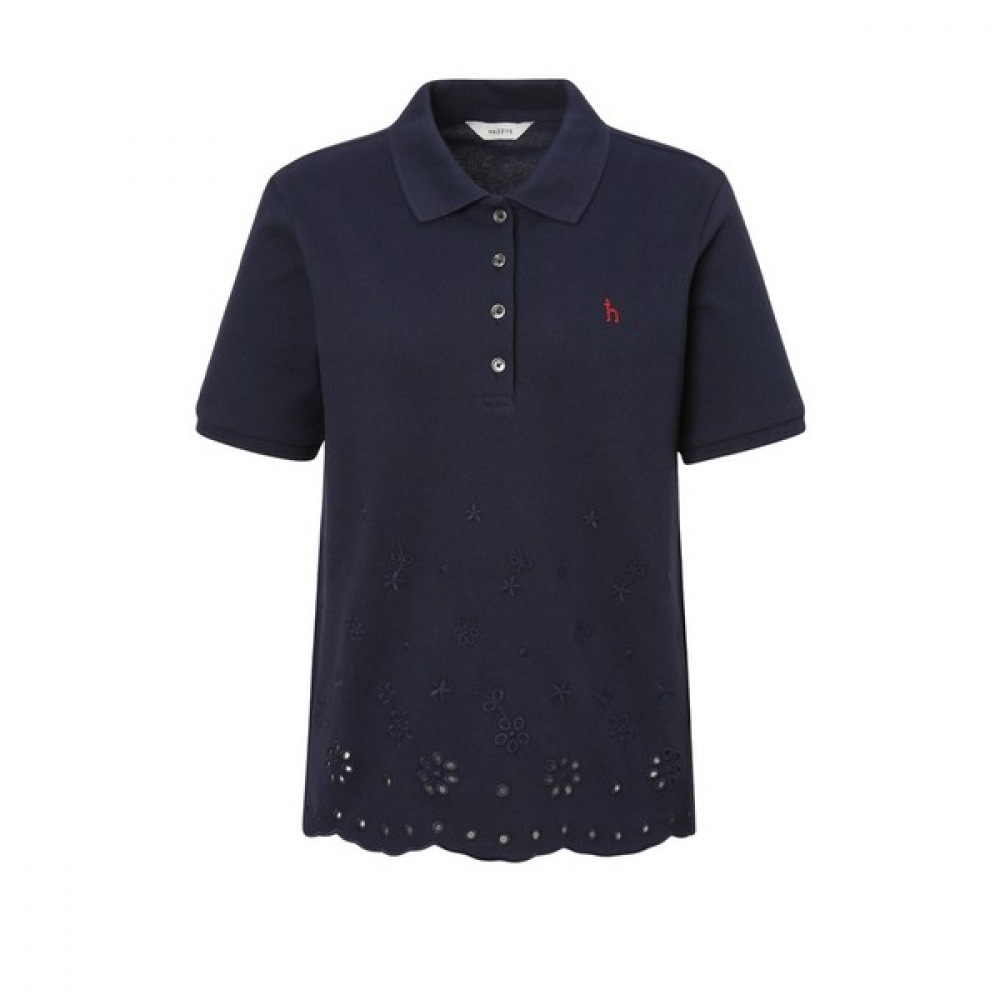 [ヘッジズレディース] 25SS ネイビーパンチング装飾コットンショートスリーブカラー T シャツ HSTS5B310N2 14,018円