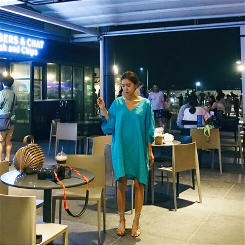 ワンピース ミモレ ミモレ丈ワンピース 袖あり 5分袖 五分袖 Vネック スリム ゆったりウエスト リネン コットン かわいい 大人可愛い きれいめ シンプル カジュアル 大人 上品 おしゃれ お洒落