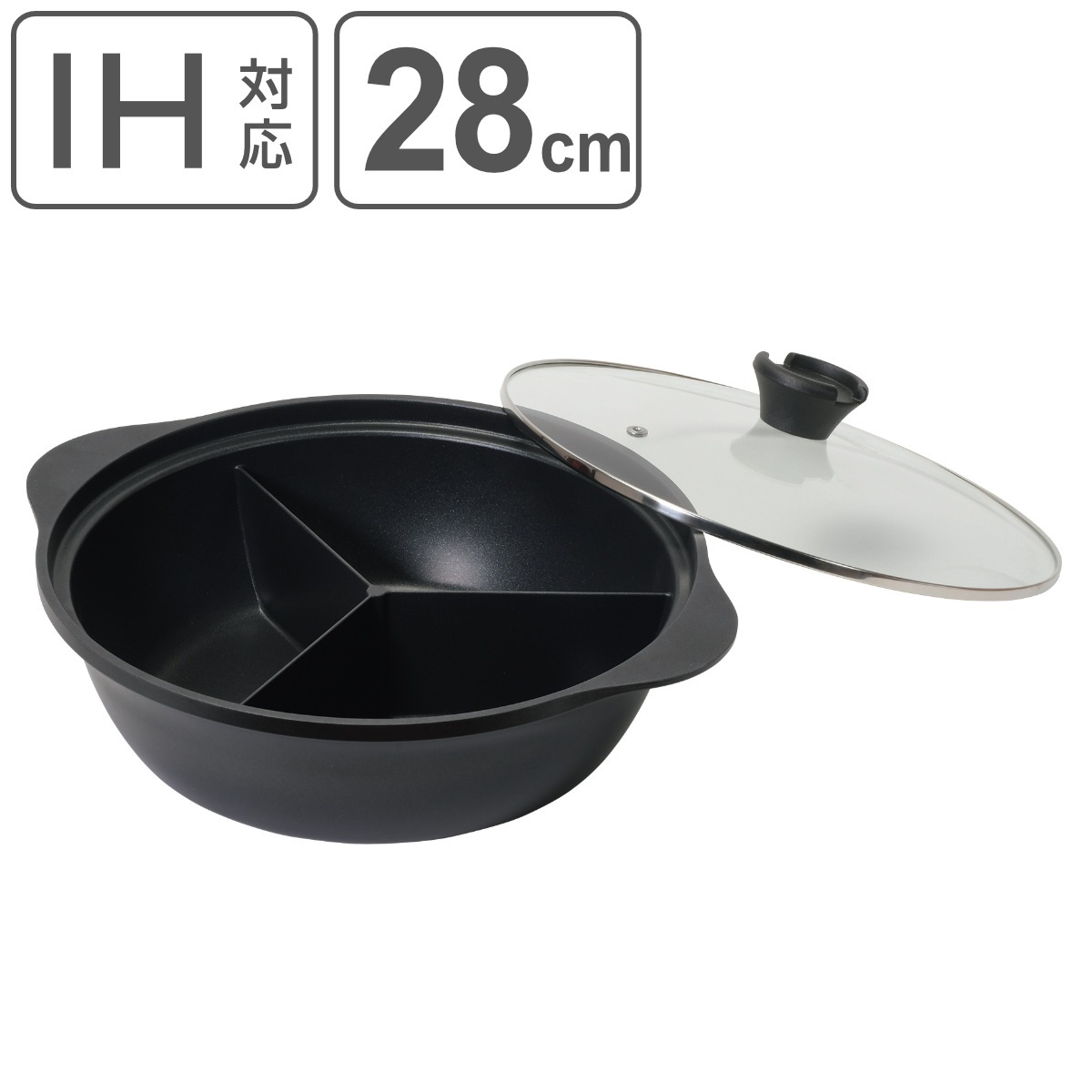 仕切り鍋 28cm IH対応 ふっ素加工 ガラス蓋付き 韓味家 卓上鍋 三食鍋 ガス火対応 仕切り 鍋 なべ 季節鍋 両手鍋 ガラス蓋 28センチ 仕切り付き しきり鍋 フッ素コーティング