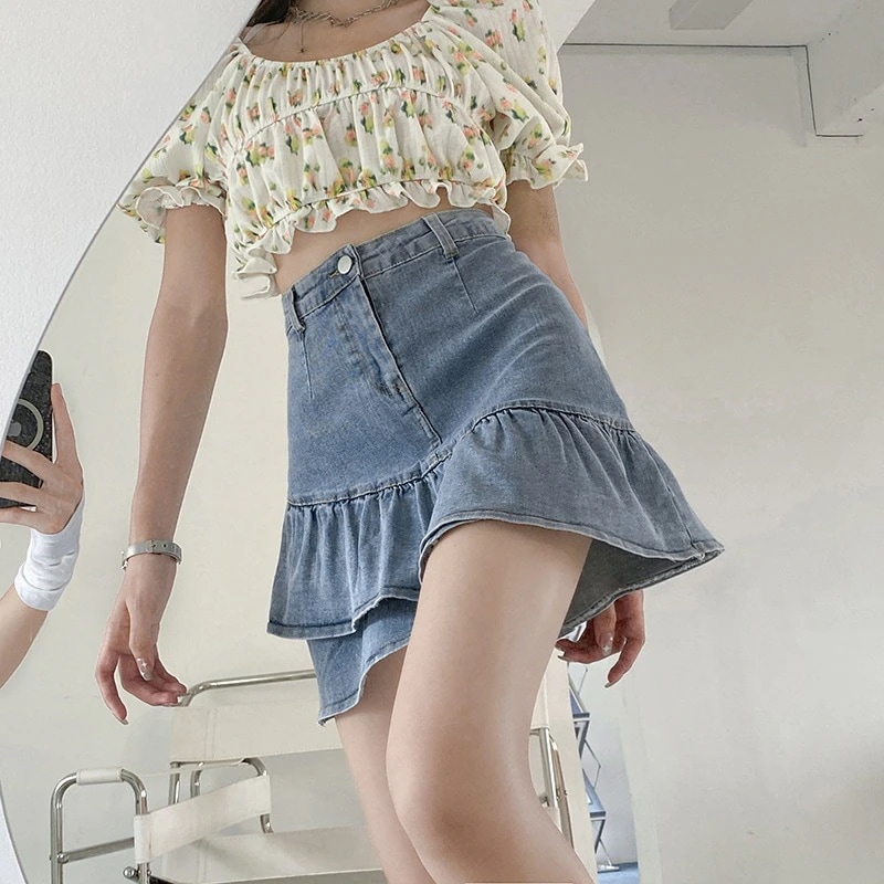 パンツ裏地付き デニム ミニスカート スカート パンスカ ボトムス フレアスカート デニムスカート ミニ ミニ丈 膝上 フレア スリム 細身 Aライン フリル ファスナー ハイウエスト ブルーデニム