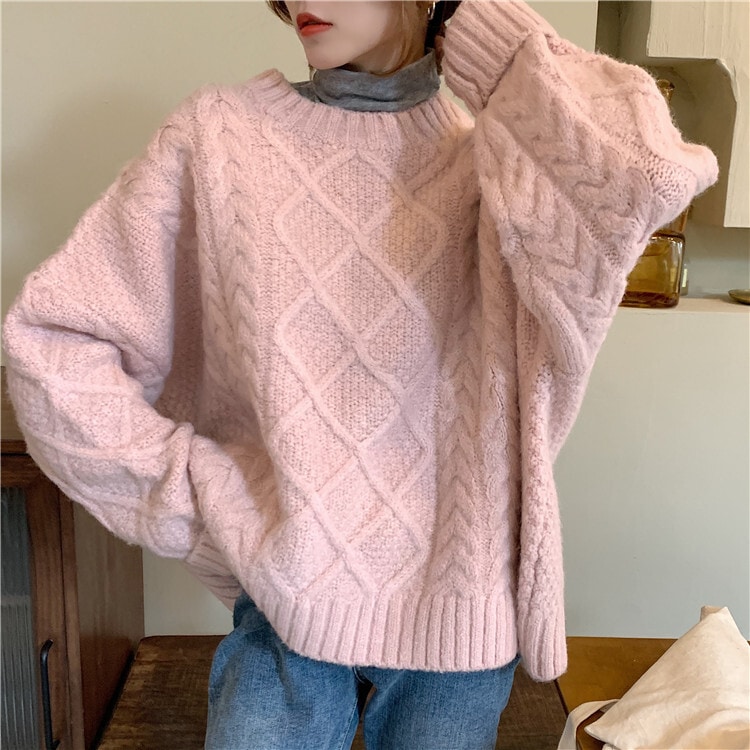 レトロツイスト セーター トップス ミドル丈 袖あり 長袖 ラウンドネック イージー ツイスト