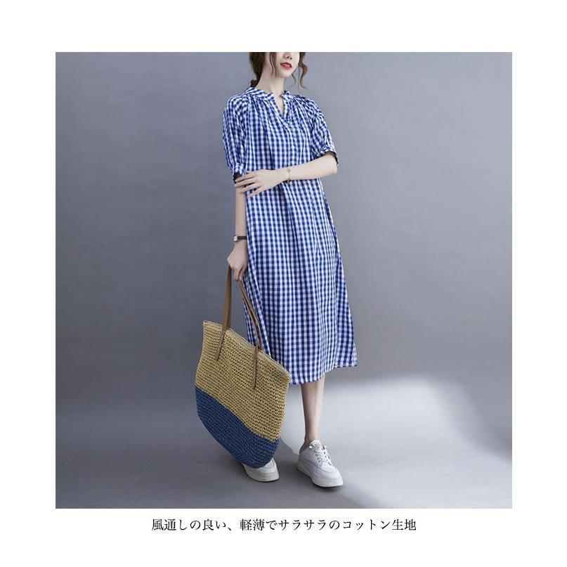 夏 ワンピース ギンガムチェック レディース 半袖ワンピース 体型カバー Aライン ワンピース 薄手 ロングワンピ チェック柄ワンピース