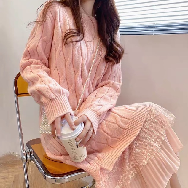 ワンピース ニット レディース ミモレ ロング 長袖 ラウンドネック Iライン フェミニン レース 刺繍 フリル 透け感 切り替えデザイン ドッキング 異素材ミックス かわいい 大人可愛い きれいめ