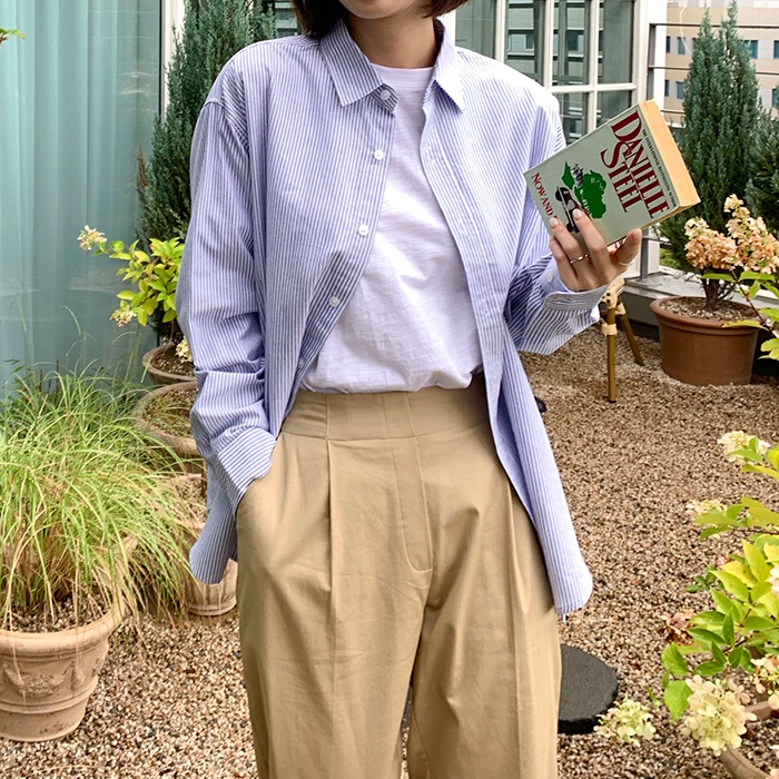 [韓国ファッション] 여성용 빅사이즈 스트라이프 옥스포드 긴팔 셔츠 남방 4,939円