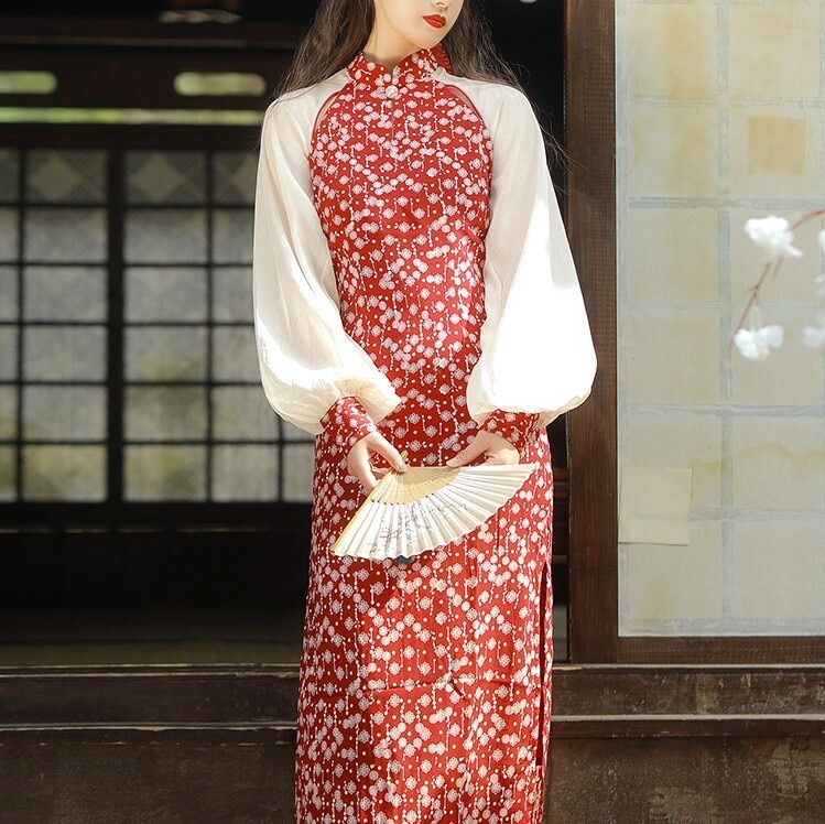 ワンピース レディース チャイナ ドレス ロング ボリューム袖 マキシ丈 長袖 Iライン