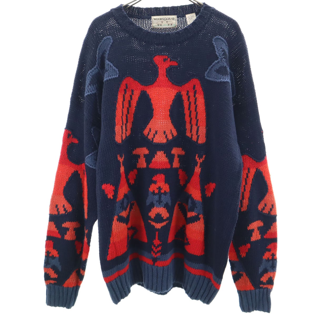 WOODS＆GRAY ウッズ&グレイ 80s 90s オールド バード柄 長袖 セーター L ネイビー ニット メンズ 古着