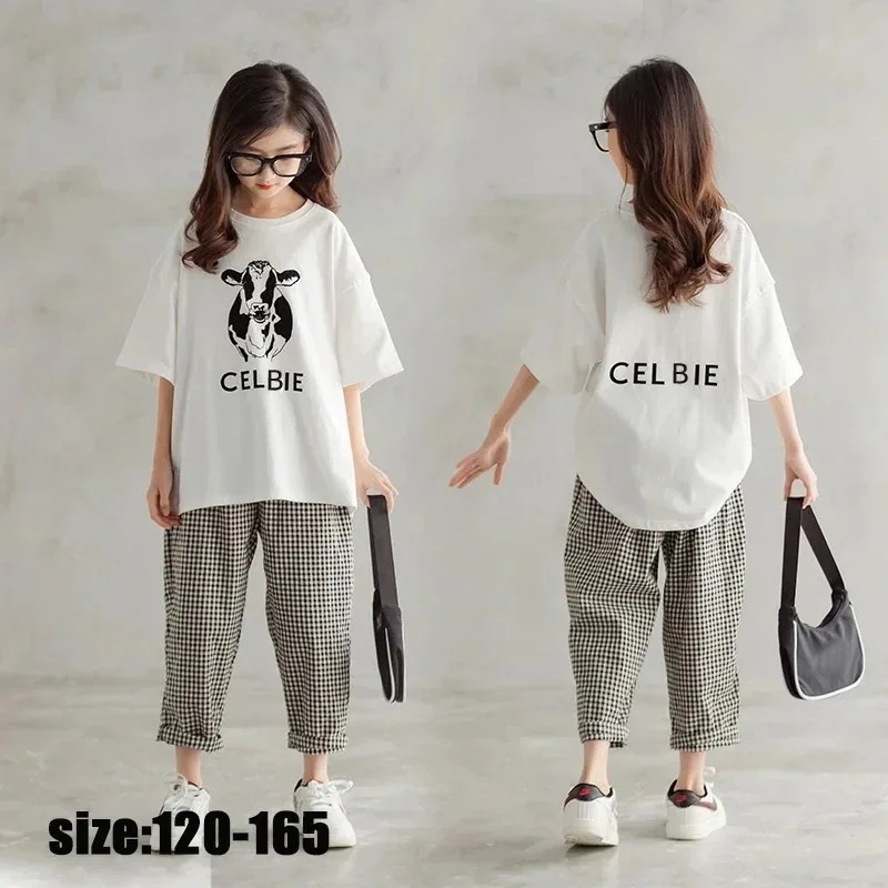 【即納】韓国子供服 セットアップ 夏 カジュアル ナチュラル tシャツ ズボン ジャージ チェック柄 半袖 パンツ プリント 女の子 ゆったり リゾート キッズ こども 可愛い カジュアル きれいめ