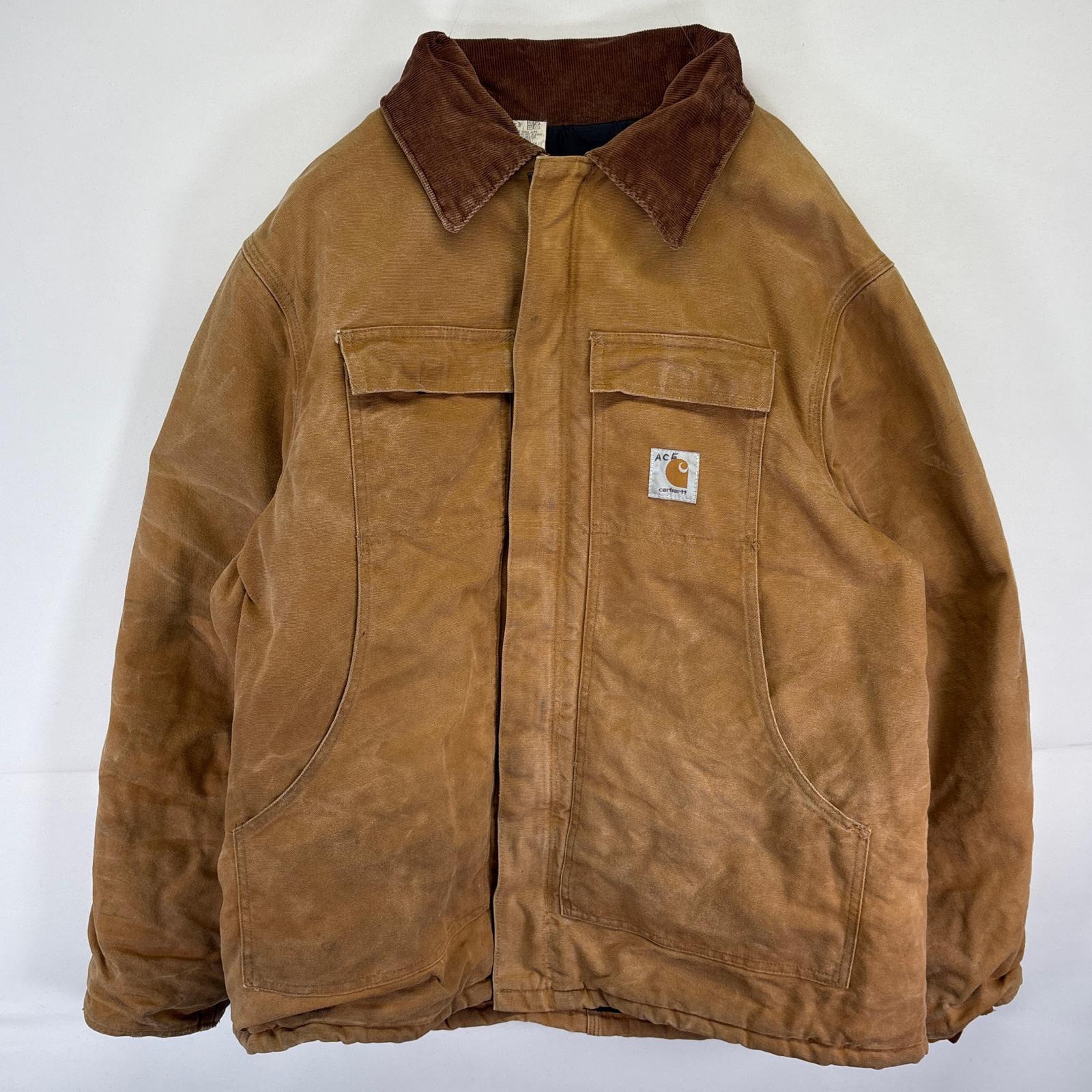 古着 USA製 ダック ワークジャケット フルジップ ワンポイントロゴ 中綿 50 ブラウン系 メンズ