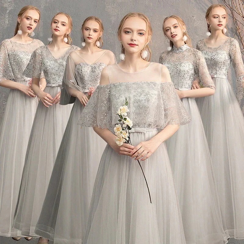 花嫁ロングドレスブライズメイド ドレス グレー お揃いドレス フォーマルドレス 体型カバー Vネック 母親 結婚式ワンピース 同窓会 パーティードレス