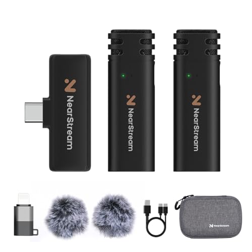 NearStream ワイヤレスマイク ピンマイク Mic 送信機2台+受信機1台 技適認定済み 2.4GHz ラベリアマイク 360無指向性 スマホ用マイク ノイズキャンセリング/デュアルチャンネ
