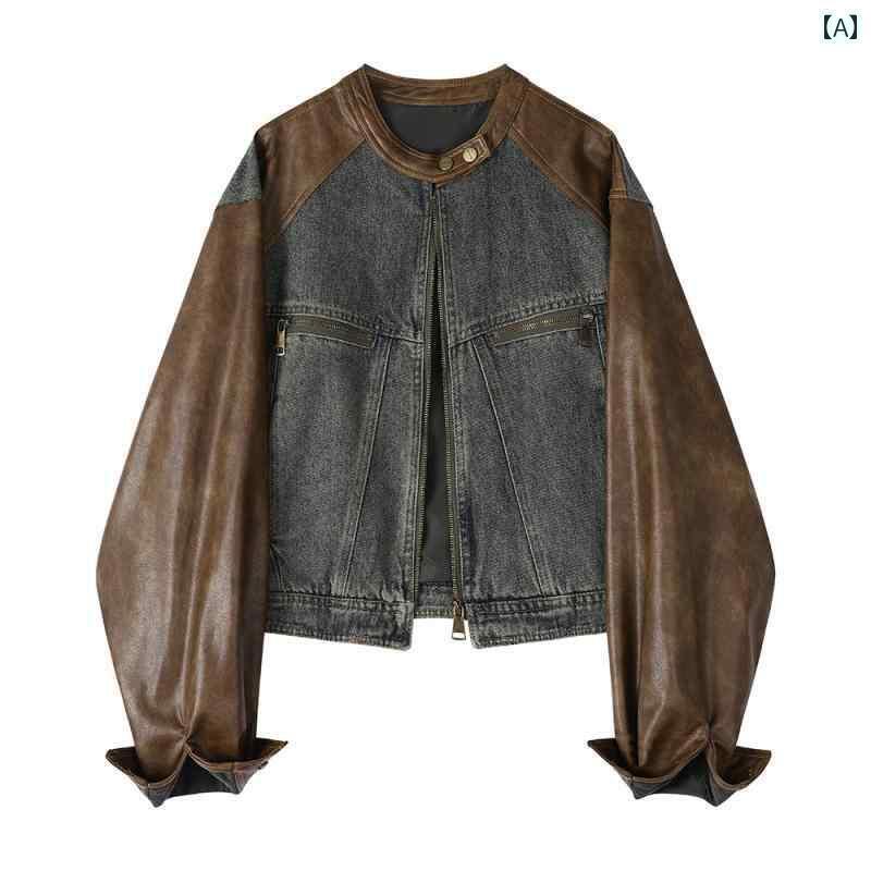 レディース デニムジャケット レデイース アメリカン レトロ デニム スプライシング レザー ショート ジャケット 秋 ラウンドネック トップス