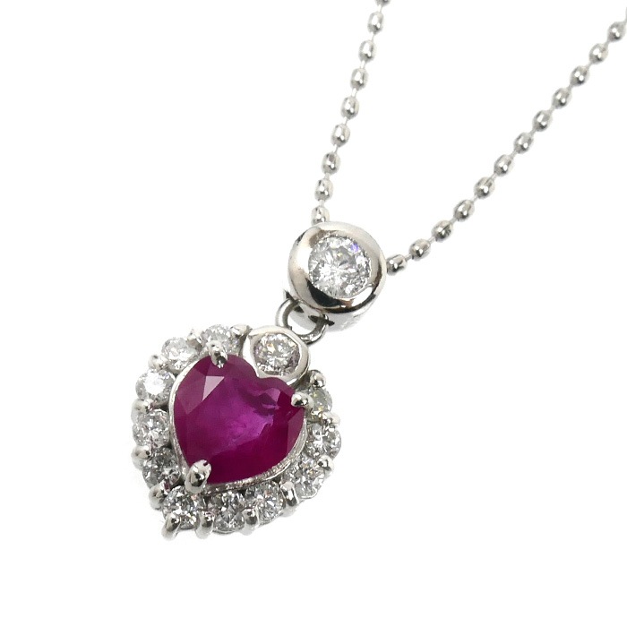 Pt900/850 ネックレス ルビー0.57ct ダイヤモンド0.27ct 3.7g 40cm ハート レディース 中古