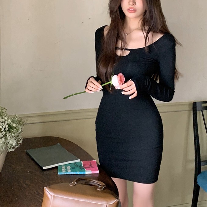 レディース ワンピース タイトスカート ミニ 膝上 長袖 ラウンドネック スリム 細身 ストレート Iライン 薄手 かわいい 大人可愛い きれいめ シンプル 上品 おしゃれ かっこいい エキゾチック