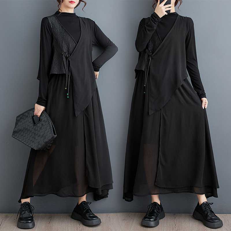 「ファットガール」 2024夏新品 上下セット ベスト＋スカート シフォン 大きいサイズ 体型カバー レディース セットアップ メガ割