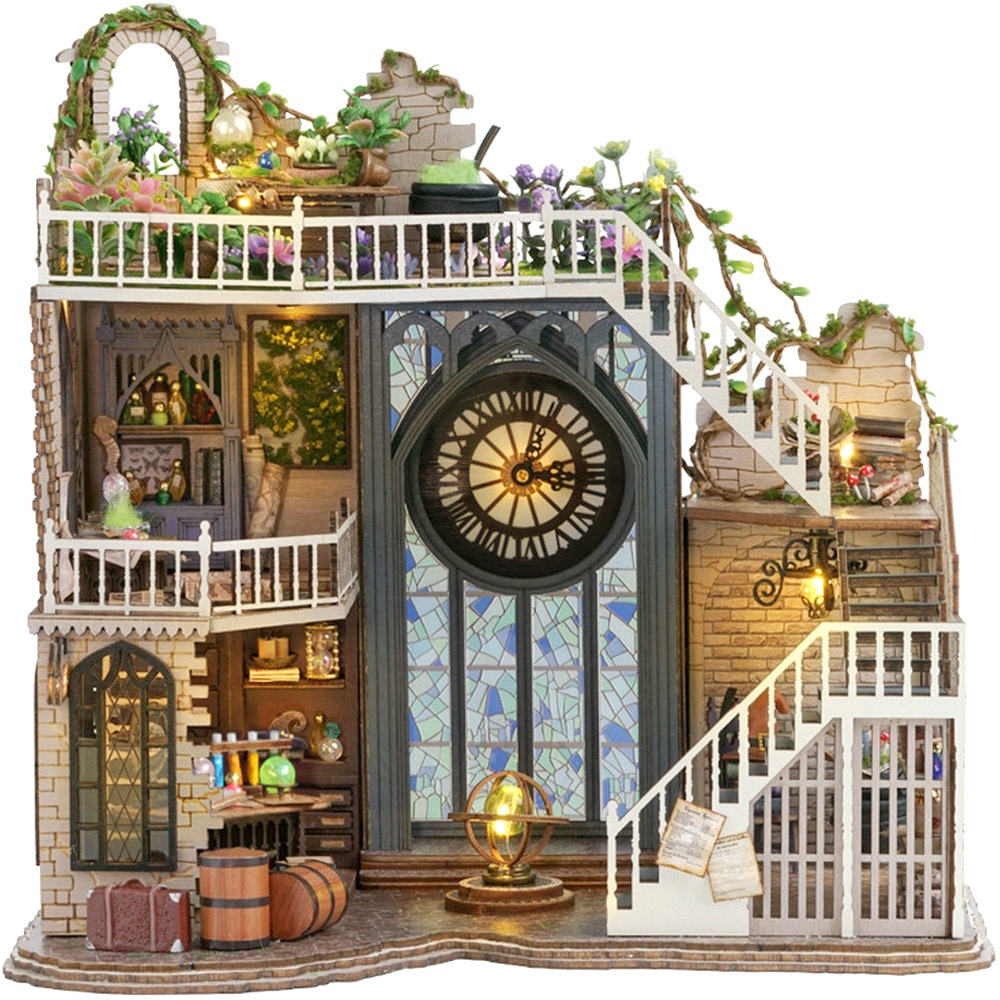 1/24 ドールハウス ミニチュア 手作りキット セットマジックハウス 簡単組み立て シール式 初心者 魔法 時計 花 植物園 ガーデン グリーン ステンドグラスLEDライト+アクリルケース