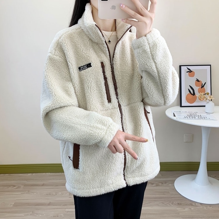 アウター ブルゾン ボア ジャケット 襟付き ハイネック ジップ パイピング ツートーン 長袖 大人可愛い お洒落 こなれ感