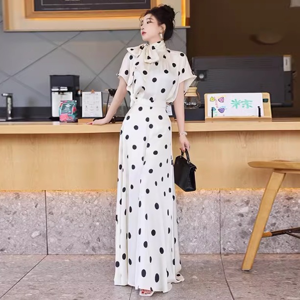 レディース トップス パンツ セットアップ 2点セット フレア キュロットスカート ロング 半袖 ハイネック りぼんタイ フレア Aライン フェミニン ファスナー ハイウエスト ポリエステル かわいい