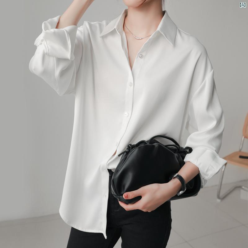 レディース ファッション　レディース　カジュアル　上品　綺麗　外出 MY ホワイト アセテート サテンシャツ 春秋 ライト大歳 長袖 ドレープ シャツ