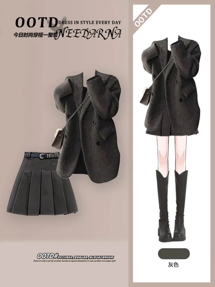 初秋冬の韓国風コーデ高級ウールコート・コートレディースフィッシング風デートスカートウールプリーツスカート30%制限