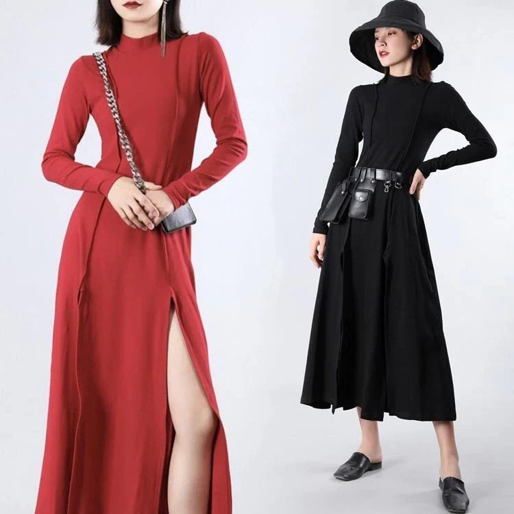 ワンピース ロングワンピース マキシワンピース スウェットワンピース ロング プチハイネック デザイン スリット 長袖 フレア 綿 シルエット 薄手