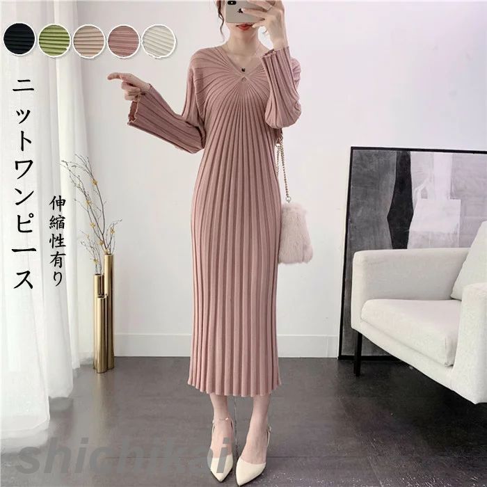 ワンピース 長袖ワンピース レディースファッション Vネック 水玉 2023春秋新作 THOM 着痩せ 黒 WILLS オシャレ大人 膝丈ンピース