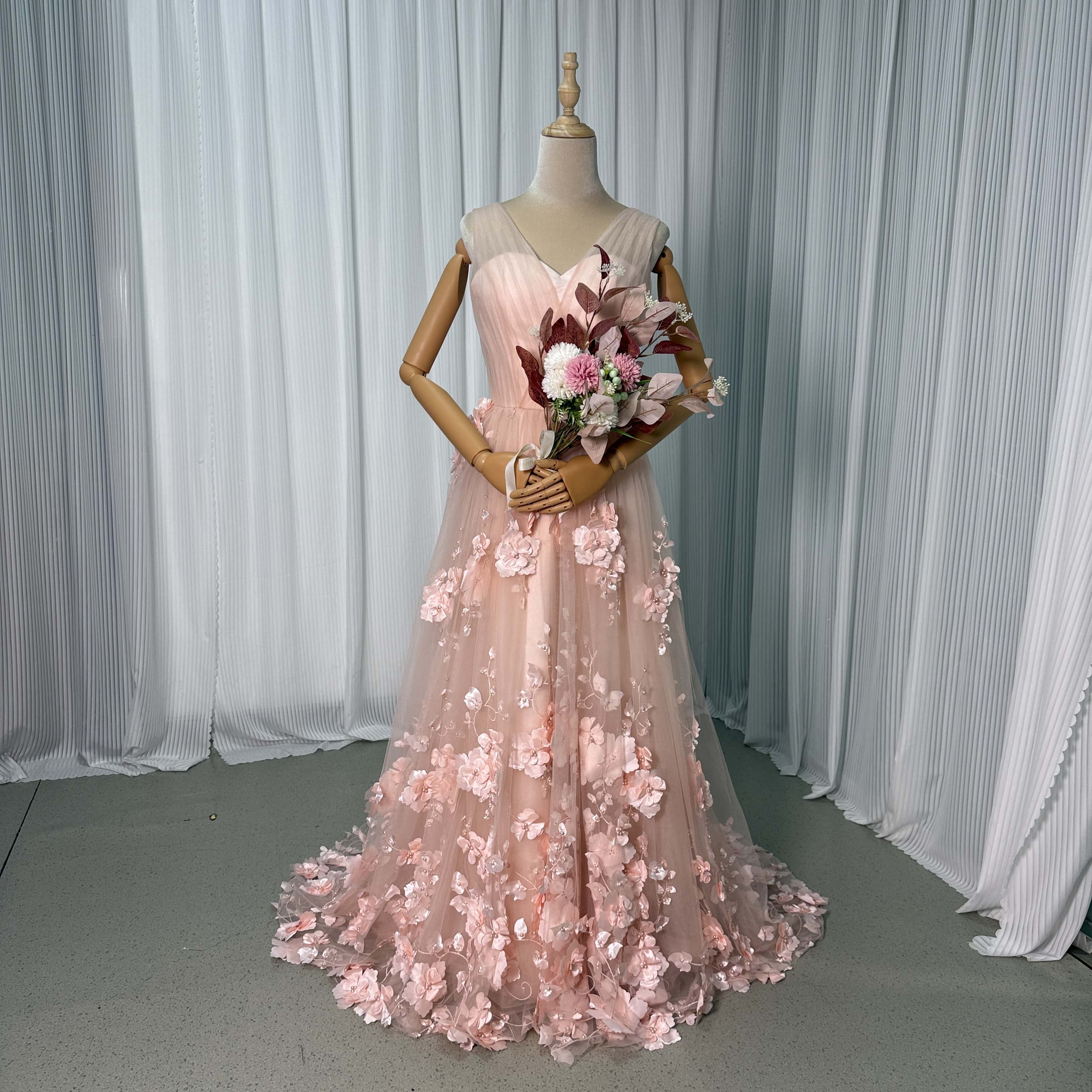 カラードレス ピンク 3D立体レース刺繍 Vネックドレス バックレス ファスナー